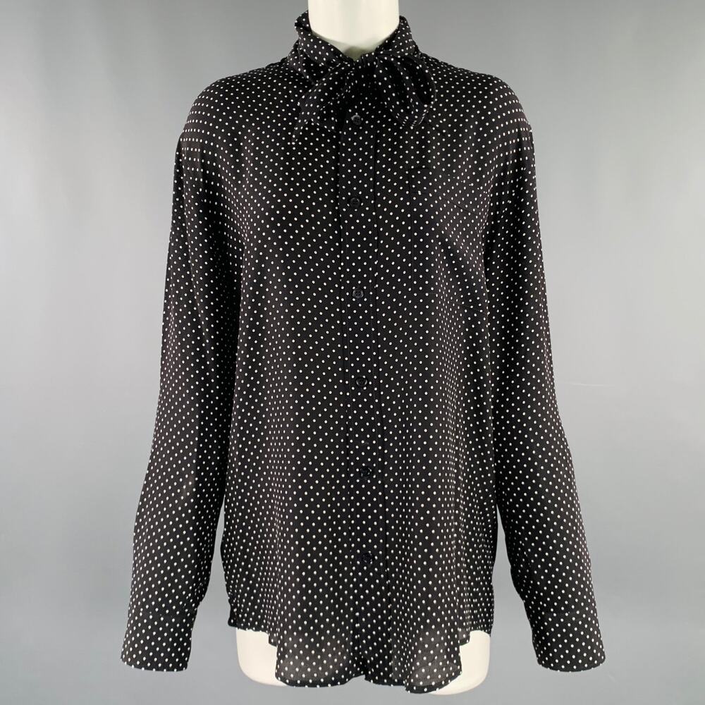 PLAN C Size M Black White Silk Polka Dot Bow Shirt